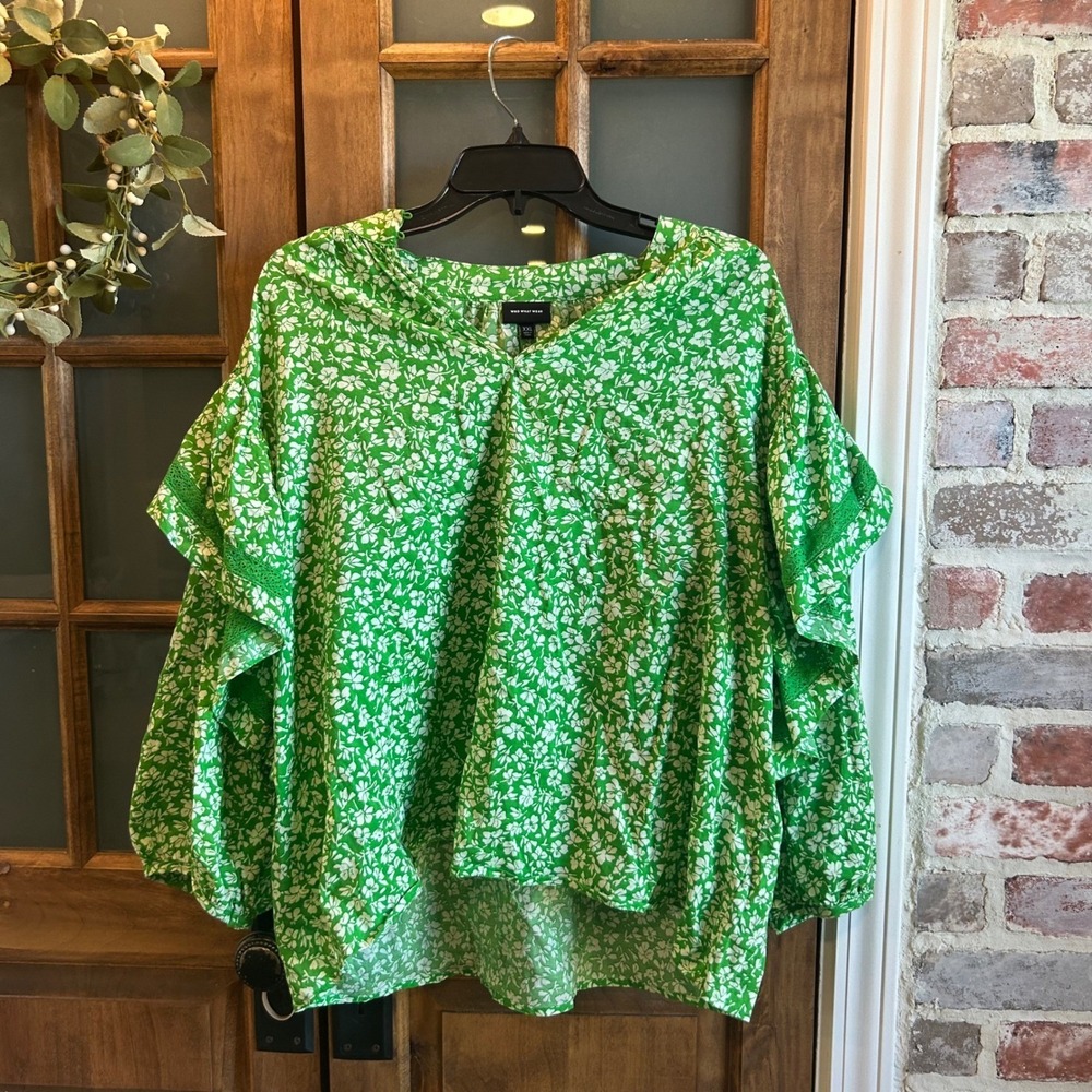 Who What Wear Ruffle Blouse Women Green Floral V-Neck Crochet Trim Boho‎ XXL
